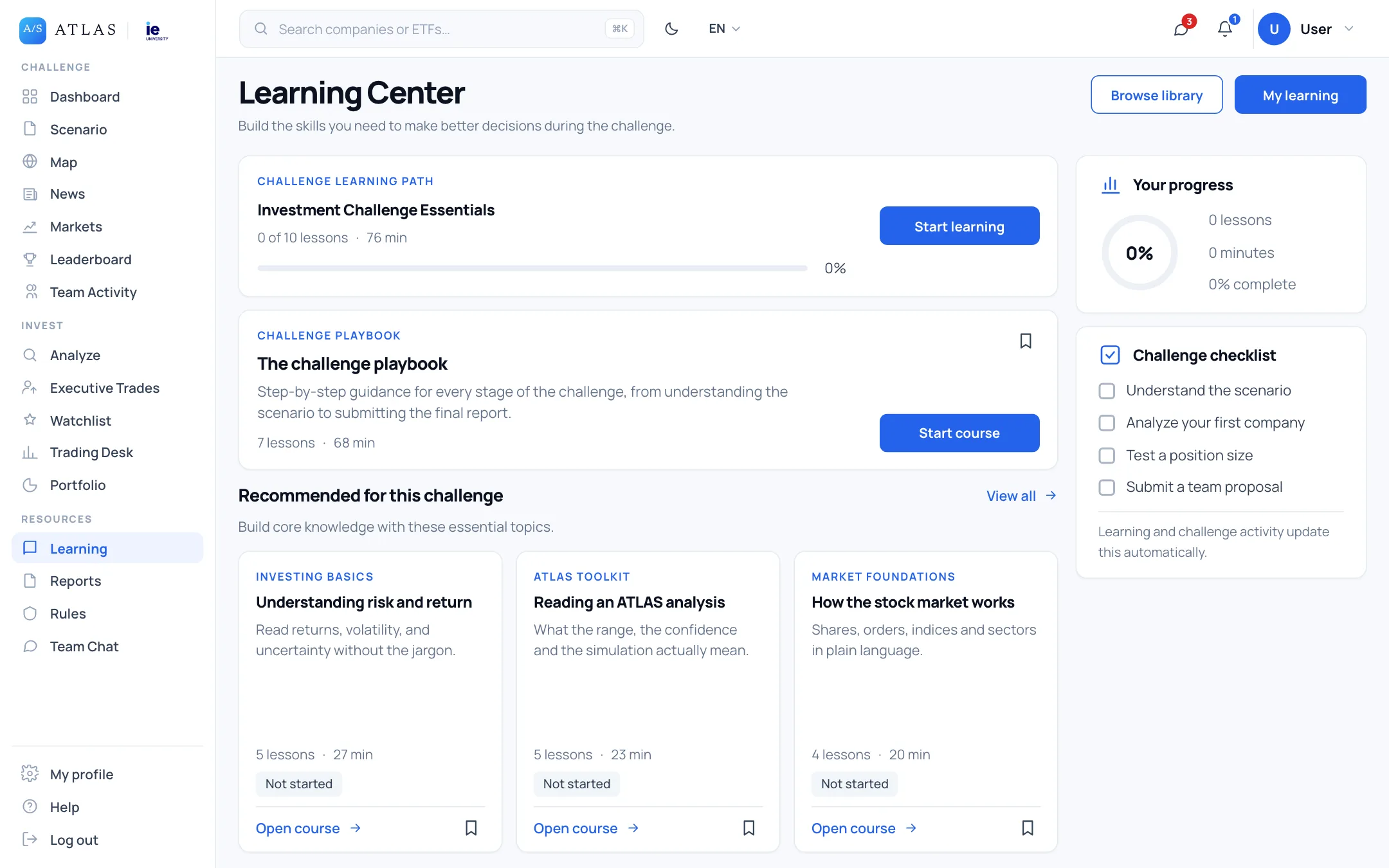 El Learning Center de ATLAS: cursos, la guía del reto y el progreso